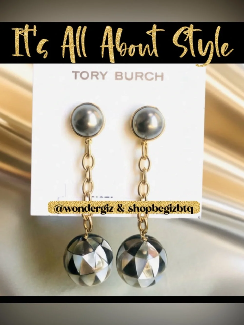 Authentic Tory Burch Faceted Mother of Pearl Linear Ball Drop Earrings